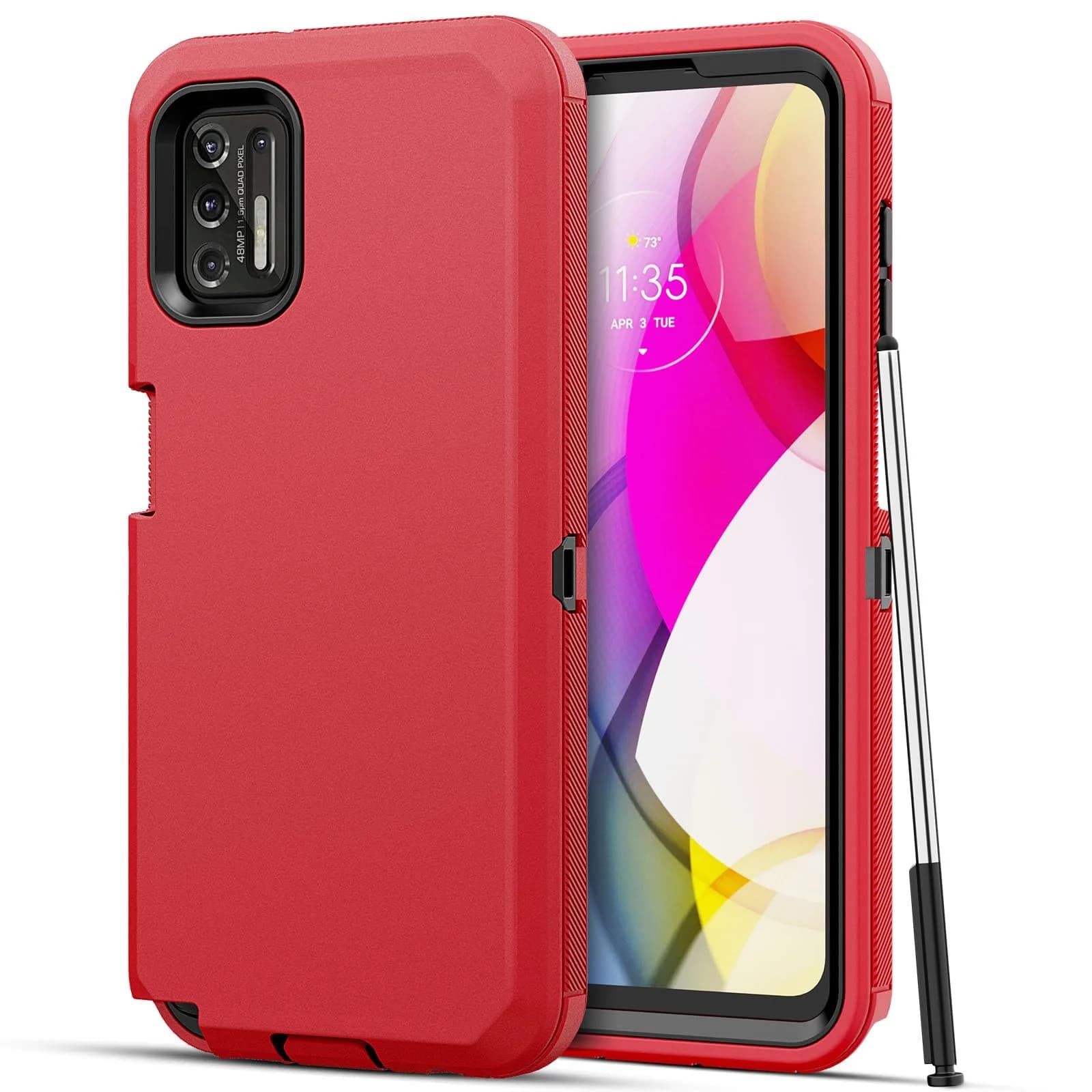 Jiunai Heavy Duty Shockproof Case for Moto G Stylus 2021 | Red, 3-Piece Armor Hybrid with Dust Plug — Red