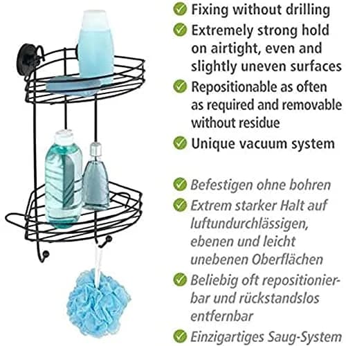 WENKO Vacuum-Loc Corner Shelf 2 Tier Black 23 x 43 x 21 cm | Mounts Without Drilling, Holds 33kg thumbnail 4