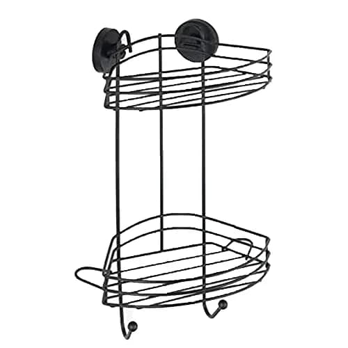 WENKO Vacuum-Loc Corner Shelf 2 Tier Black 23 x 43 x 21 cm | Mounts Without Drilling, Holds 33kg thumbnail 1