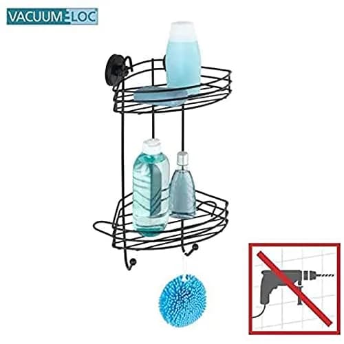 WENKO Vacuum-Loc Corner Shelf 2 Tier Black 23 x 43 x 21 cm | Mounts Without Drilling, Holds 33kg thumbnail 2