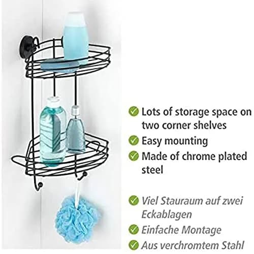 WENKO Vacuum-Loc Corner Shelf 2 Tier Black 23 x 43 x 21 cm | Mounts Without Drilling, Holds 33kg thumbnail 3