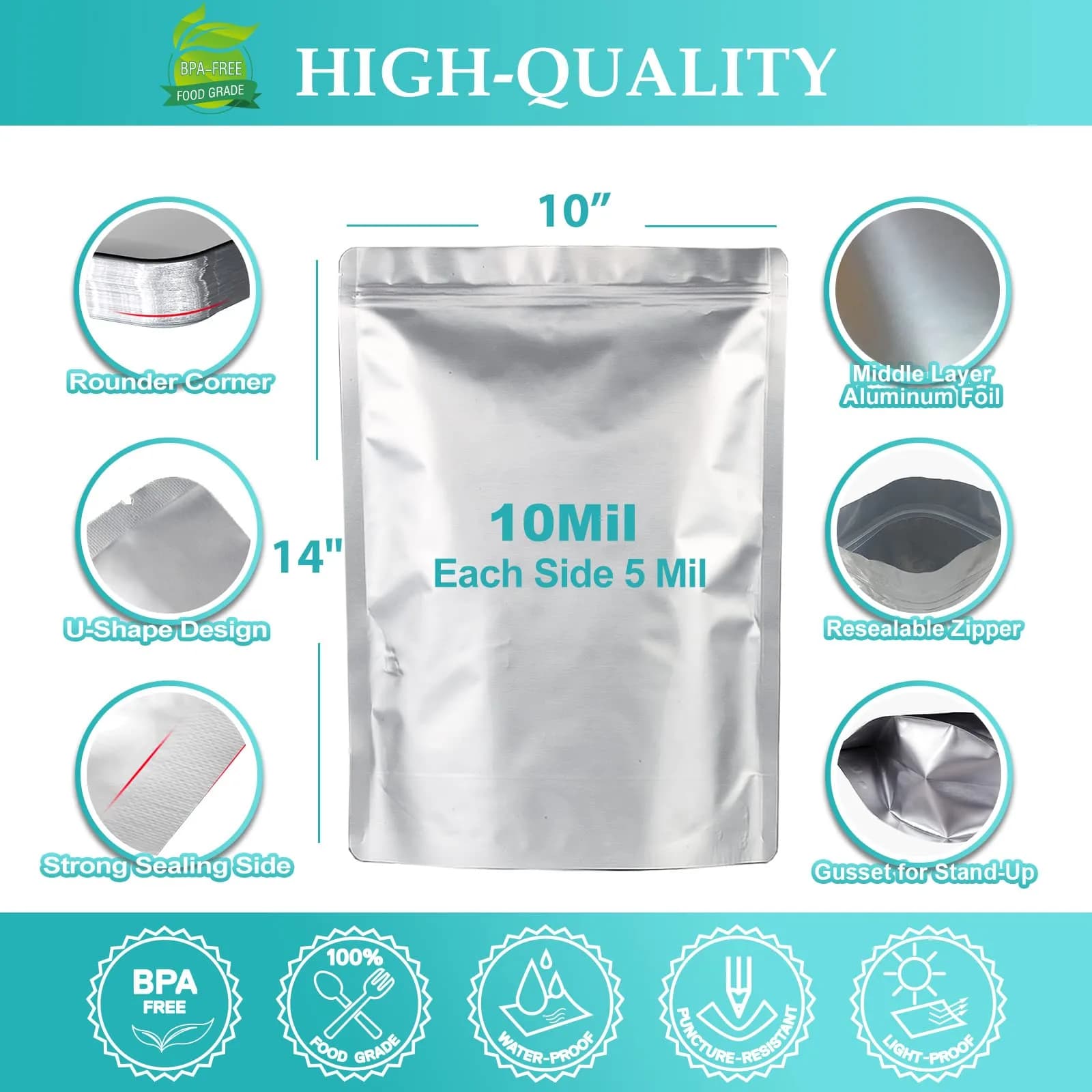 SHXWELL 1 Gallon Mylar Bags 25.4cm x 35.6cm (10"x14") | 50 Count Extra Thick 10 Mil Stand-Up Zipper Pouches for Long Term Food Storage thumbnail 2