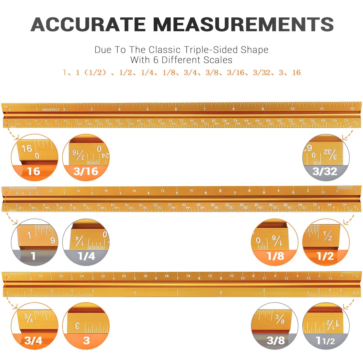 Hutou 12" Golden Aluminum Architectural Scale Ruler for Precision Drafting - view 3