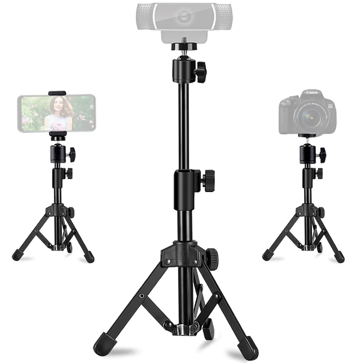JCWINY Extendable Webcam Tripod Stand with Ball Head for Camera/Phone/Ring Light, 31cm (12 inches) Max Height | Universal 1/4" Screw Mount — Black