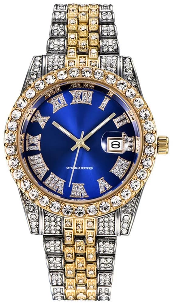 HUNRUY Hip Hop Watches for Men 42mm | Iced-Out Bling Diamond Quartz with Date — Blue