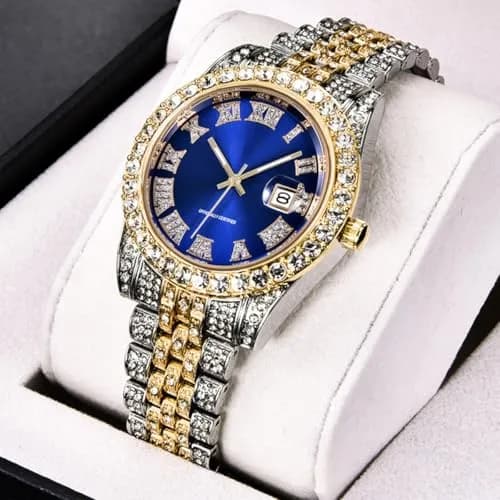 HUNRUY Hip Hop Watches for Men 42mm Alloy Dial | Iced-Out Bling Diamond Quartz Watch with Date thumbnail 2