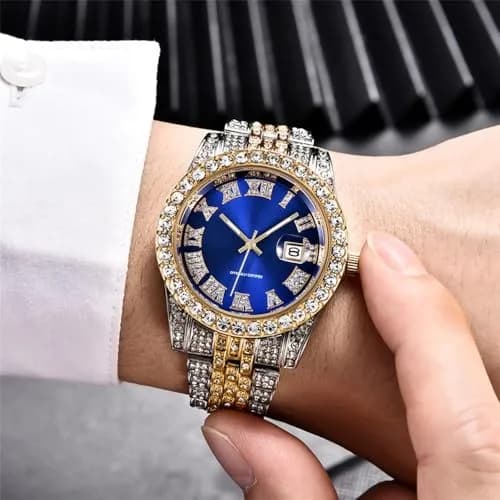 HUNRUY Hip Hop Watches for Men 42mm Alloy Dial | Iced-Out Bling Diamond Quartz Watch with Date thumbnail 3
