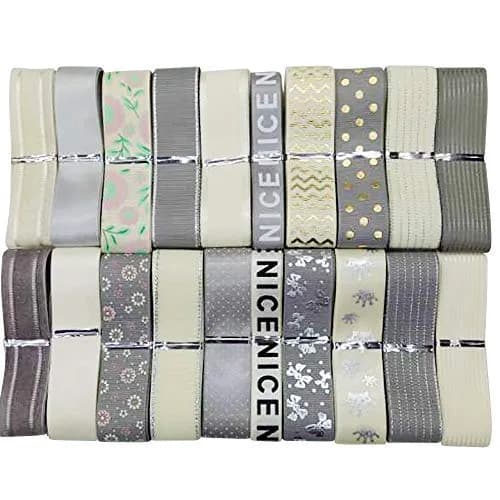 Libiline Assorted Grey Beige Satin Organza Grosgrain Ribbon Craft DIY Packing Hair Bow Accessory 25mm (1 inch) | Random 20 Yards - main product image
