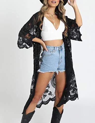 Bsubseach Women Lace Cardigan Beach Kimono Open Front Swimsuit Cover Ups | Sheer Flowy Lightweight thumbnail 3