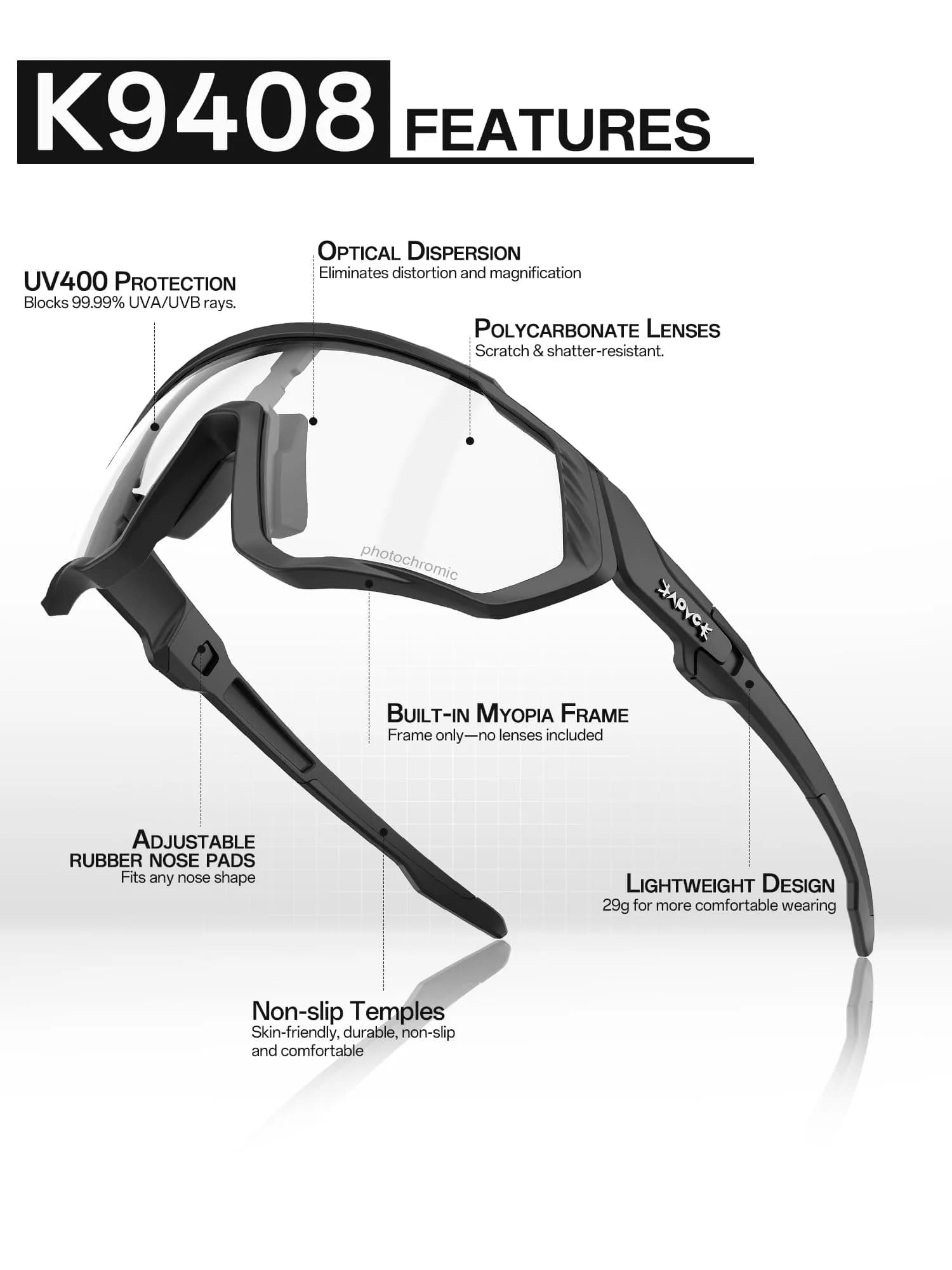 KAPVOE Photochromic Cycling Glasses with Myopia Frame | 137 mm Lens Width - view 4