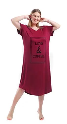 FEREMO Plus Size Nightgown for Women V Neck Short Sleeve Sleepwear (Red, 3X) | Comfortable, Plus Size Nightshirt thumbnail 3
