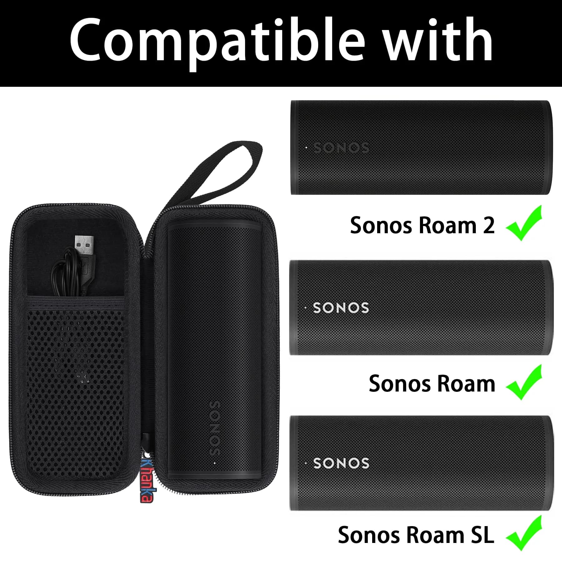 khanka Case for Sonos Roam 2/Sonos Roam Portable Bluetooth Speaker,Black | Hard EVA Waterproof Travel Cover - view 3