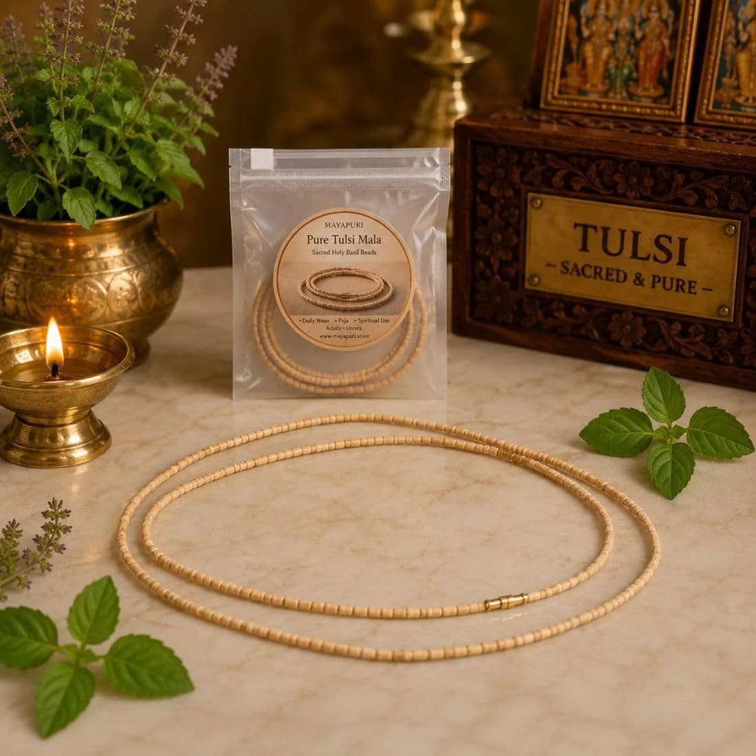 MAYAPURI Double Round Tulsi Mala Necklace 72 cm (2.83 inches) | Natural Wood Beads for Men & Women - view 5