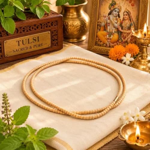 MAYAPURI Double Round Tulsi Mala Necklace 72 cm (2.83 inches) | Natural Wood Beads for Men & Women thumbnail 2
