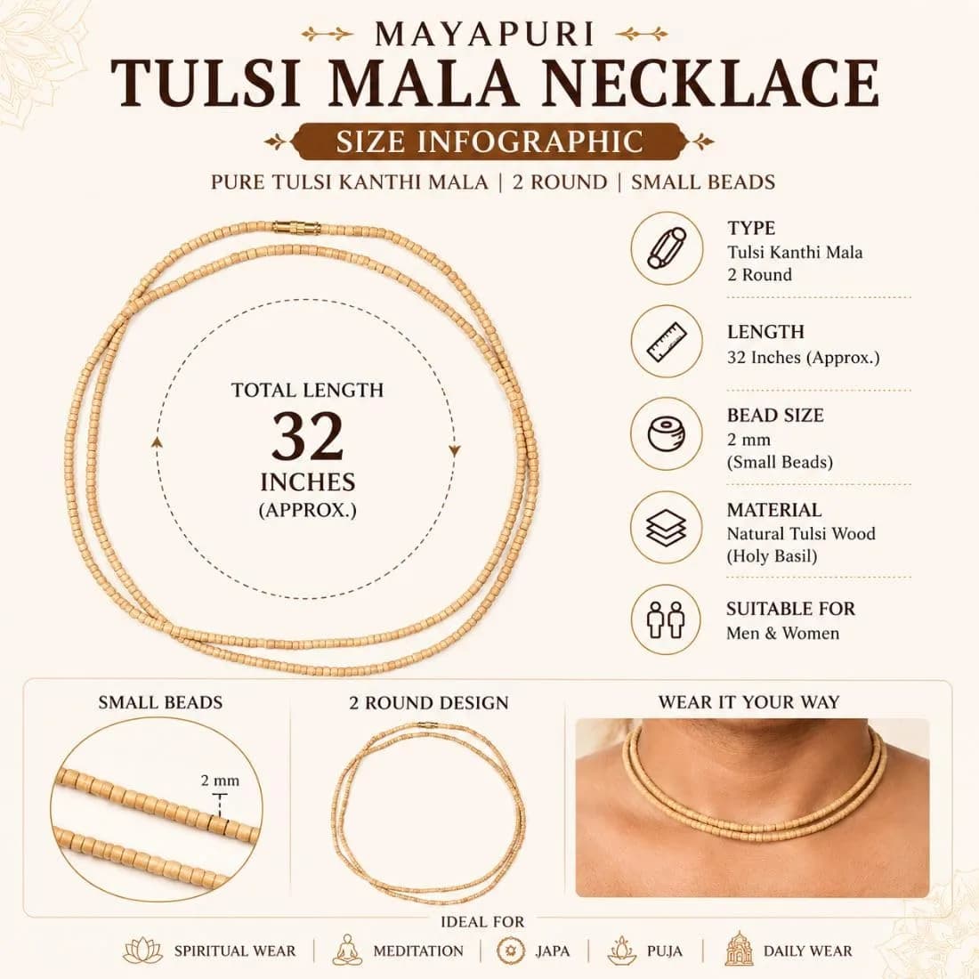 MAYAPURI Double Round Tulsi Mala Necklace 72 cm (2.83 inches) | Natural Wood Beads for Men & Women - view 3