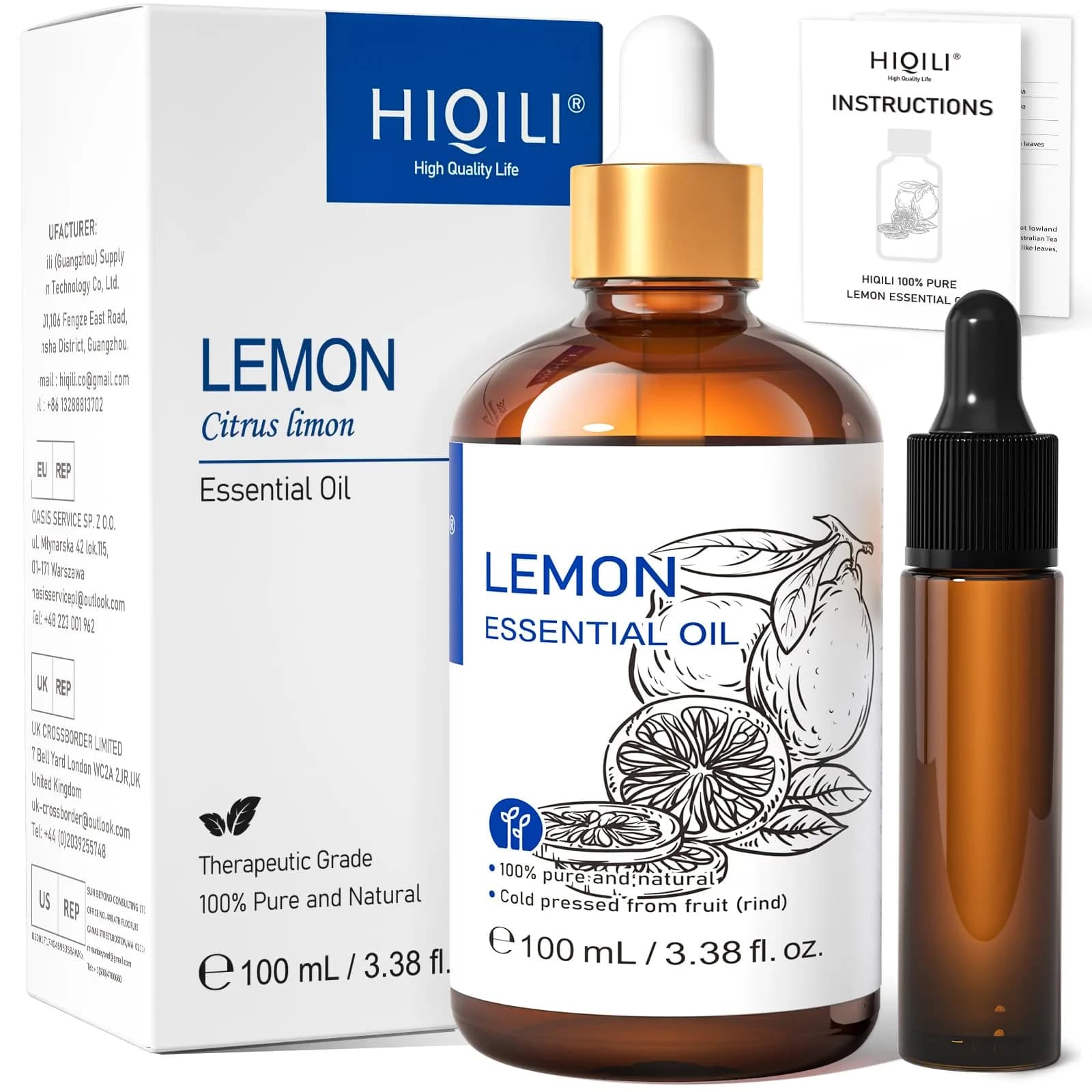 HIQILI Lemon Essential Oil 3.38 Fl Oz (100ML) | Pure Cold-Pressed Italian Lemon Scent for Cleaning & Aromatherapy - main product image