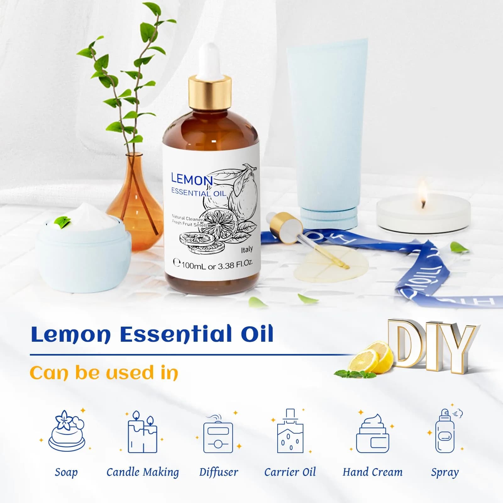 HIQILI Lemon Essential Oil 3.38 Fl Oz (100ML) | Pure Cold-Pressed Italian Lemon Scent for Cleaning & Aromatherapy - view 6