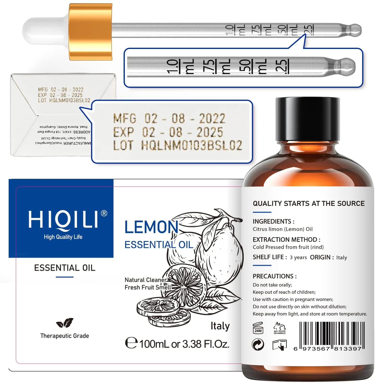 HIQILI Lemon Essential Oil 3.38 Fl Oz (100ML) | Pure Cold-Pressed Italian Lemon Scent for Cleaning & Aromatherapy - view 8