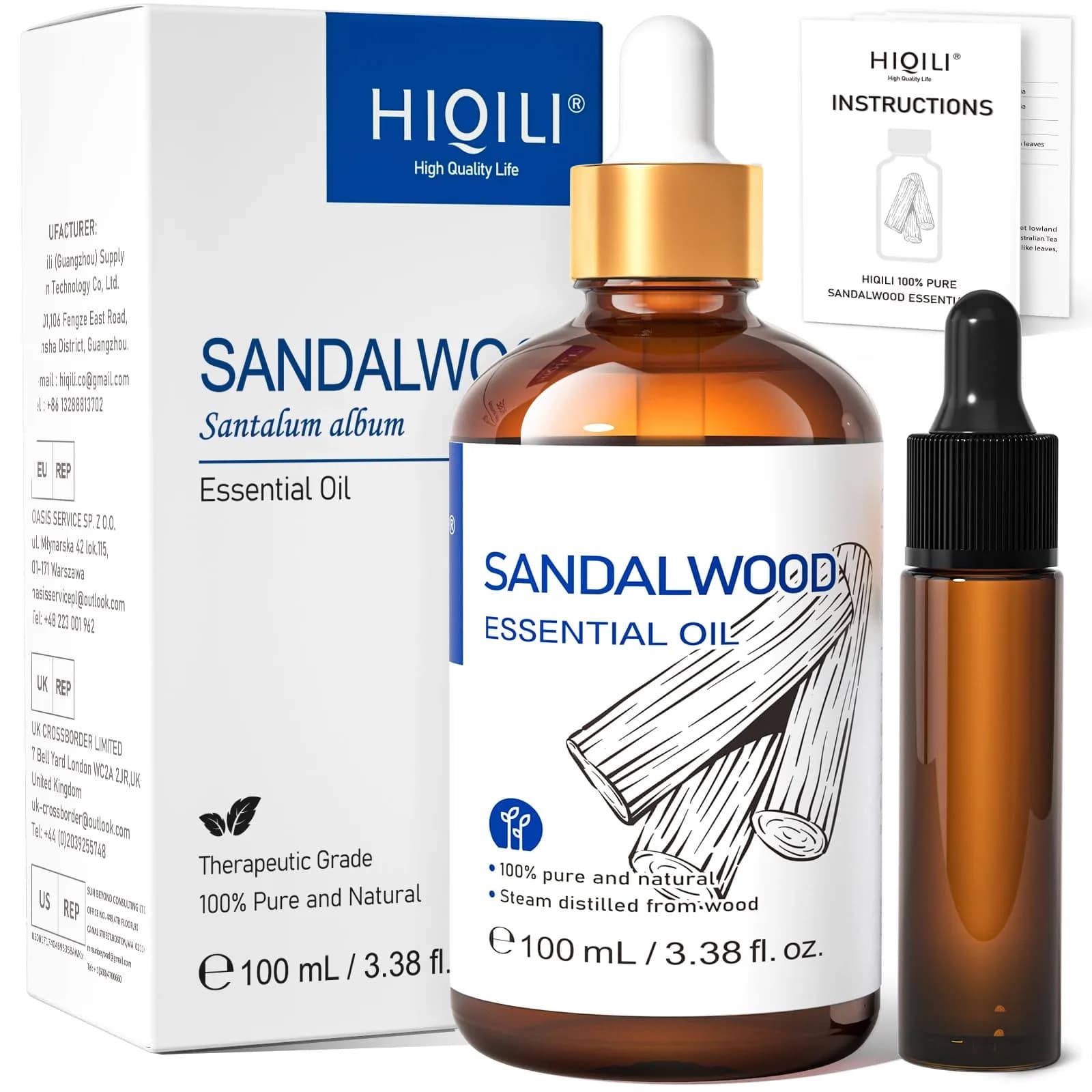 HIQILI Sandalwood Essential Oil, 3.38 Fl Oz (100ml) | Authentic USA Import for Perfume & Diffuser - main product image