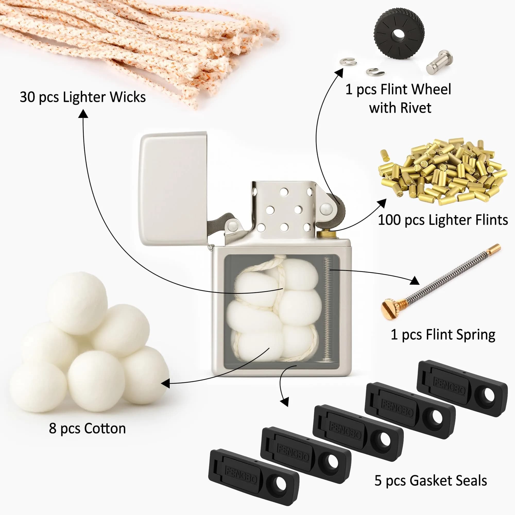 JINMUNIC Universal Lighter Repair Kit for Zippo and Most Fluid Kerosene Lighters | 148 Pieces - view 7