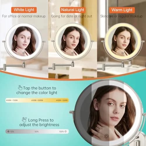FUNTOUCH Rechargeable Wall Mounted Lighted Makeup Vanity Mirror 20 cm (8 Inch) | 1X/30X Magnification, 3 Color Lights thumbnail 3