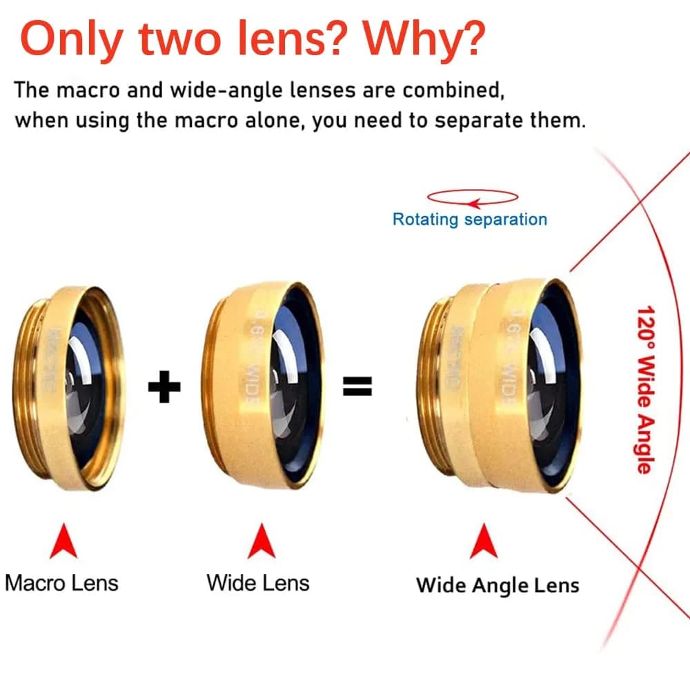 ANJIELO SMART 3-in-1 Cell Phone Camera Lens Kit Wide Angle Macro Fisheye Gold | Universal Clip-on Photography Accessory - view 2