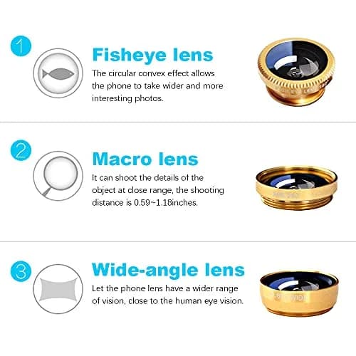 ANJIELO SMART 3-in-1 Cell Phone Camera Lens Kit Wide Angle Macro Fisheye Gold | Universal Clip-on Photography Accessory thumbnail 3