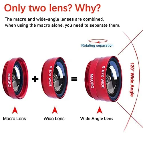 ANJIELO SMART 3-in-1 Camera Lens Kit for Phones - Wide Angle, Macro, Fisheye (Red) | Universal Clip-On for Photography thumbnail 2