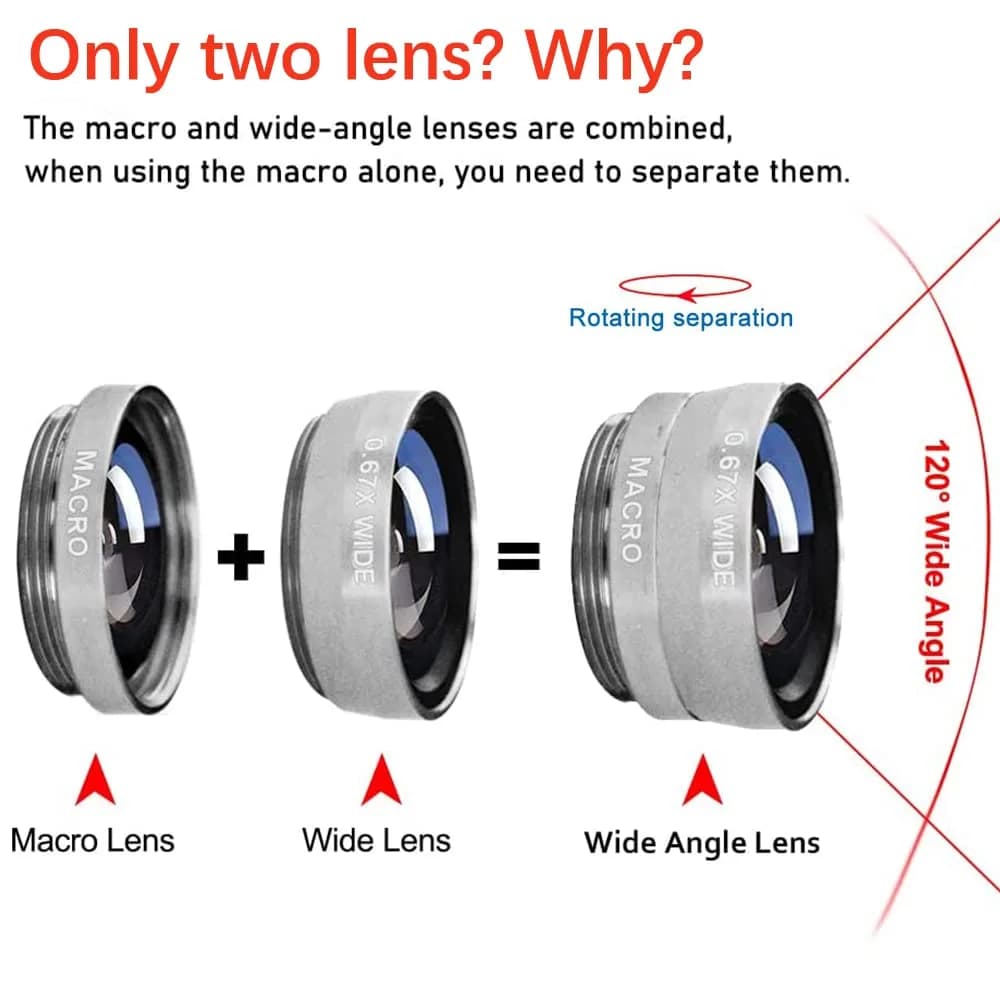 ANJIELO SMART 3-in-1 Universal Phone Camera Lens Kit - Wide Angle, Macro, Fisheye - Silver (Set of 3 Lenses) - view 2
