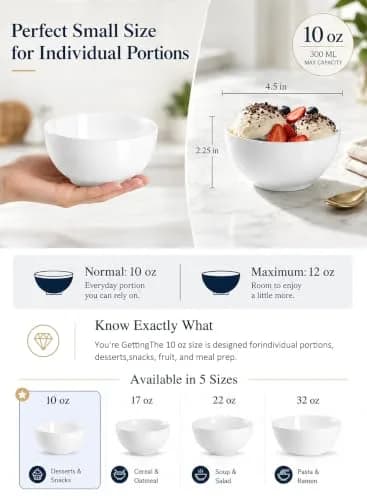 Yedio 10 OZ White Ceramic Soup Bowls of 6 | Small Porcelain Bowls for Kitchen & Dining thumbnail 5