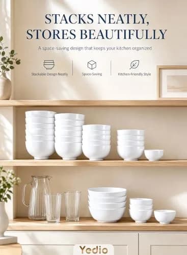 Yedio 10 OZ White Ceramic Soup Bowls of 6 | Small Porcelain Bowls for Kitchen & Dining thumbnail 7