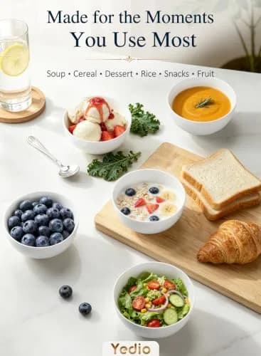 Yedio 10 OZ White Ceramic Soup Bowls of 6 | Small Porcelain Bowls for Kitchen & Dining thumbnail 3