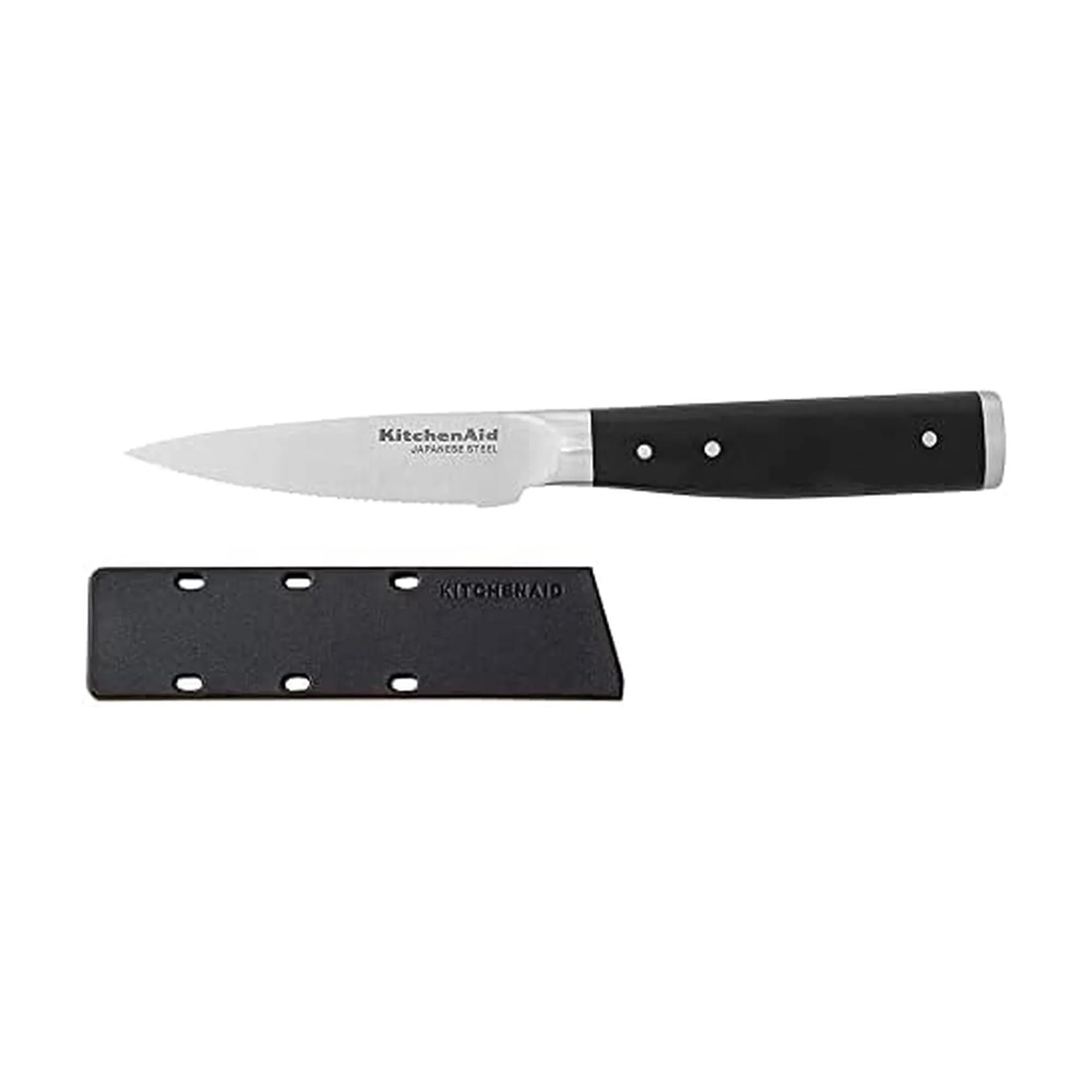 KitchenAid Gourmet Serrated Paring Knife 9cm (3.5-inch) | Forged Japanese Steel Blade — Black