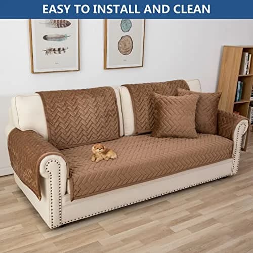 Eismodra Couch Cover for 3 Cushion Sofa | Anti-Slip Sectional Slipcover in Brown, 36"x47" thumbnail 7