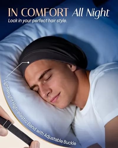 OLESILK 100% Mulberry Silk Bonnet for Sleeping, Mens Bonnet for Curly Hair, Black (10.5 inches Length x 11.5 inches Width) thumbnail 4