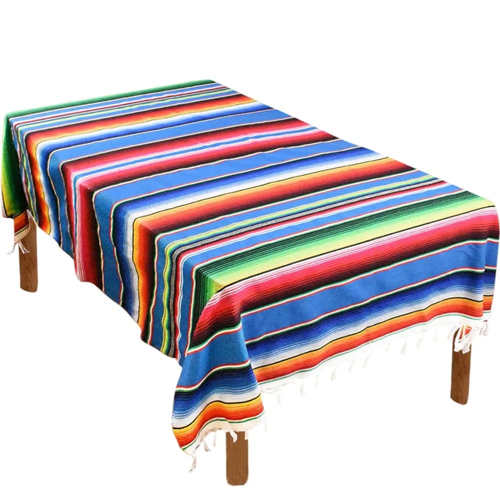 Hxezoc Blue 59 x 84 Inch Hand-Woven Cotton Mexican Serape Table Runner - main product image