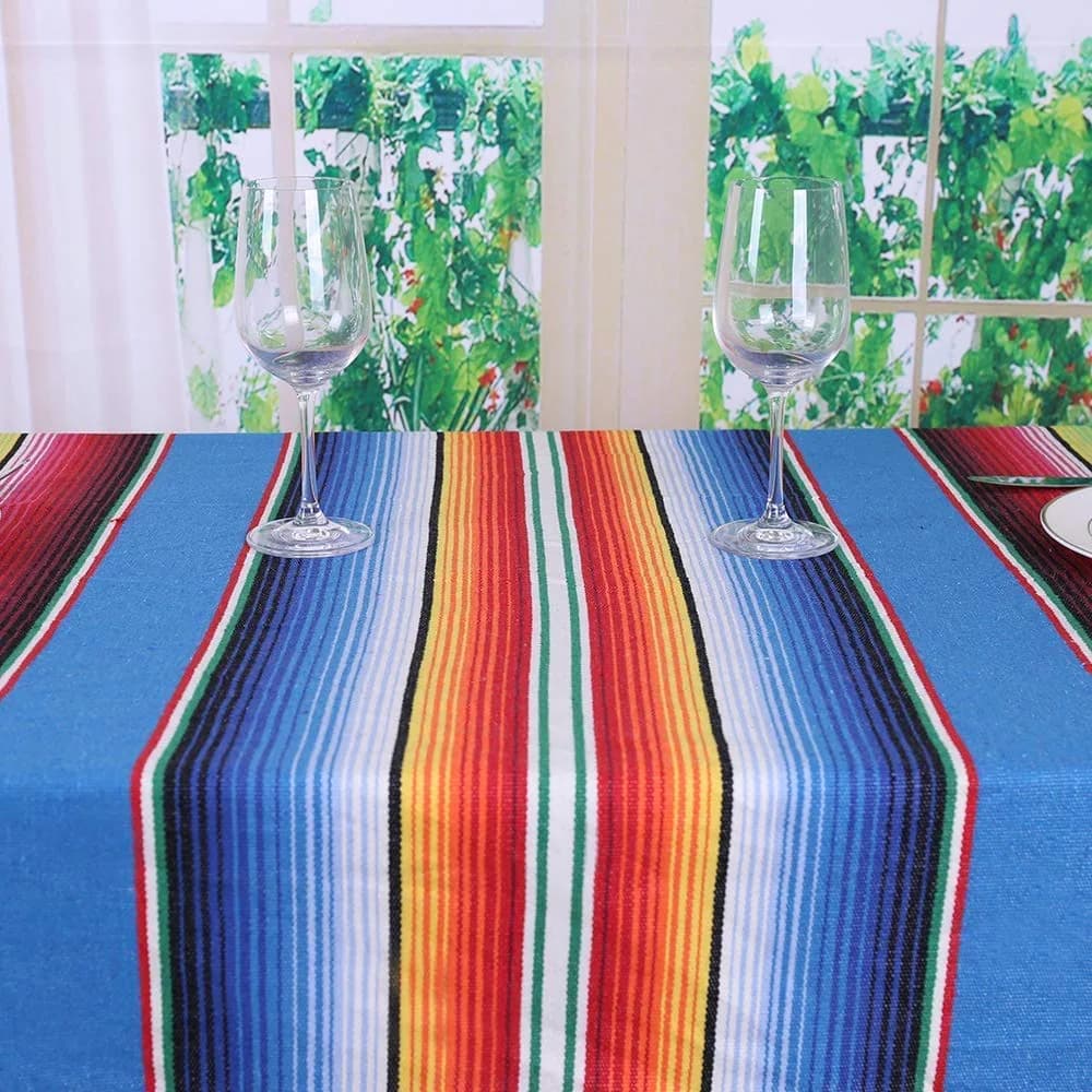 Hxezoc Blue 59 x 84 Inch Hand-Woven Cotton Mexican Serape Table Runner - view 2