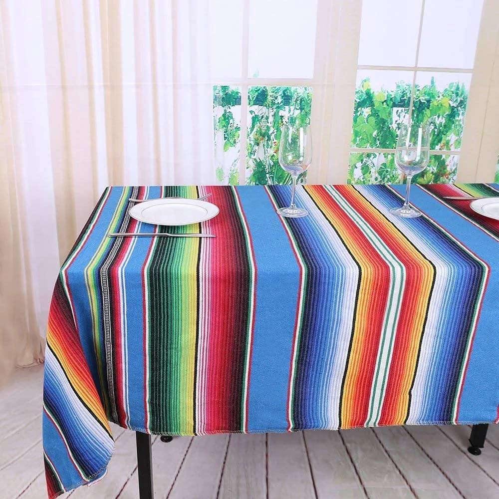 Hxezoc Blue 59 x 84 Inch Hand-Woven Cotton Mexican Serape Table Runner - view 3