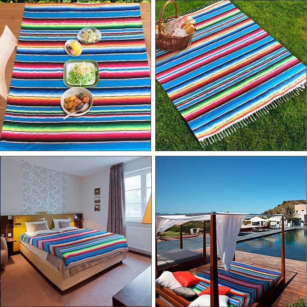 Hxezoc Blue 59 x 84 Inch Hand-Woven Cotton Mexican Serape Table Runner - view 4
