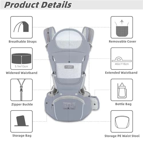 YSSKTC Ergonomic Baby Carrier Hip Seat for Newborns to Toddlers | 2.5-15kg (7-33lbs) Grey thumbnail 2
