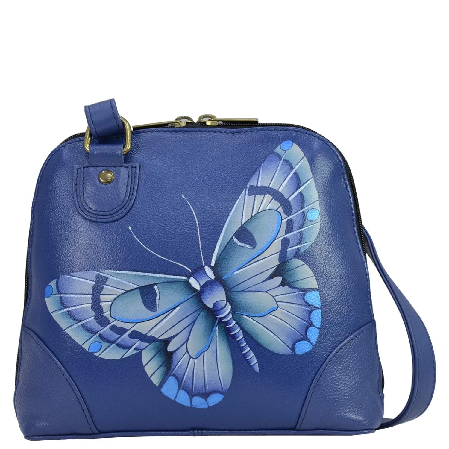Anna by Anuschka Leather Small Multi Compartment Zip-Around Organizer, Birds in Paradise 17.8cm (7.25in) | Hand-Painted Artistry — Butterfly Blue