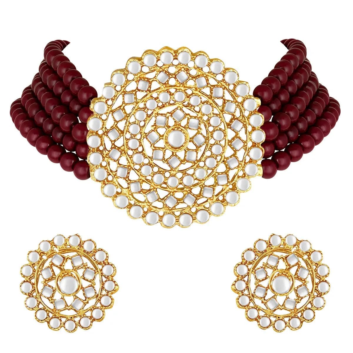I Jewels 18K Gold Plated Beaded Choker Set with Moti Work & Maroon Kundan | 21 cm Necklace & 2.3 cm Earrings — Maroon Kundan