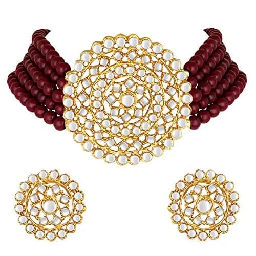 I Jewels 18K Gold Plated Beaded Choker Set with Moti Work & Maroon Kundan | 21 cm Necklace & 2.3 cm Earrings thumbnail 1
