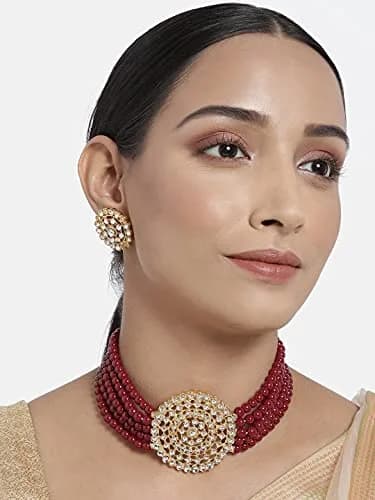 I Jewels 18K Gold Plated Beaded Choker Set with Moti Work & Maroon Kundan | 21 cm Necklace & 2.3 cm Earrings thumbnail 2