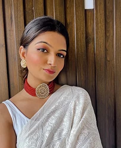 I Jewels 18K Gold Plated Beaded Choker Set with Moti Work & Maroon Kundan | 21 cm Necklace & 2.3 cm Earrings thumbnail 3
