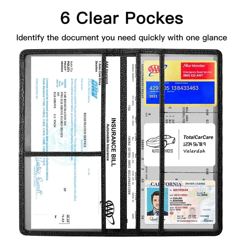 Valardoh Premium PU Leather Car Document Holder with Magnetic Closure & 6 Pockets | 24cm x 13cm (9.5" x 5.1") Black thumbnail 2