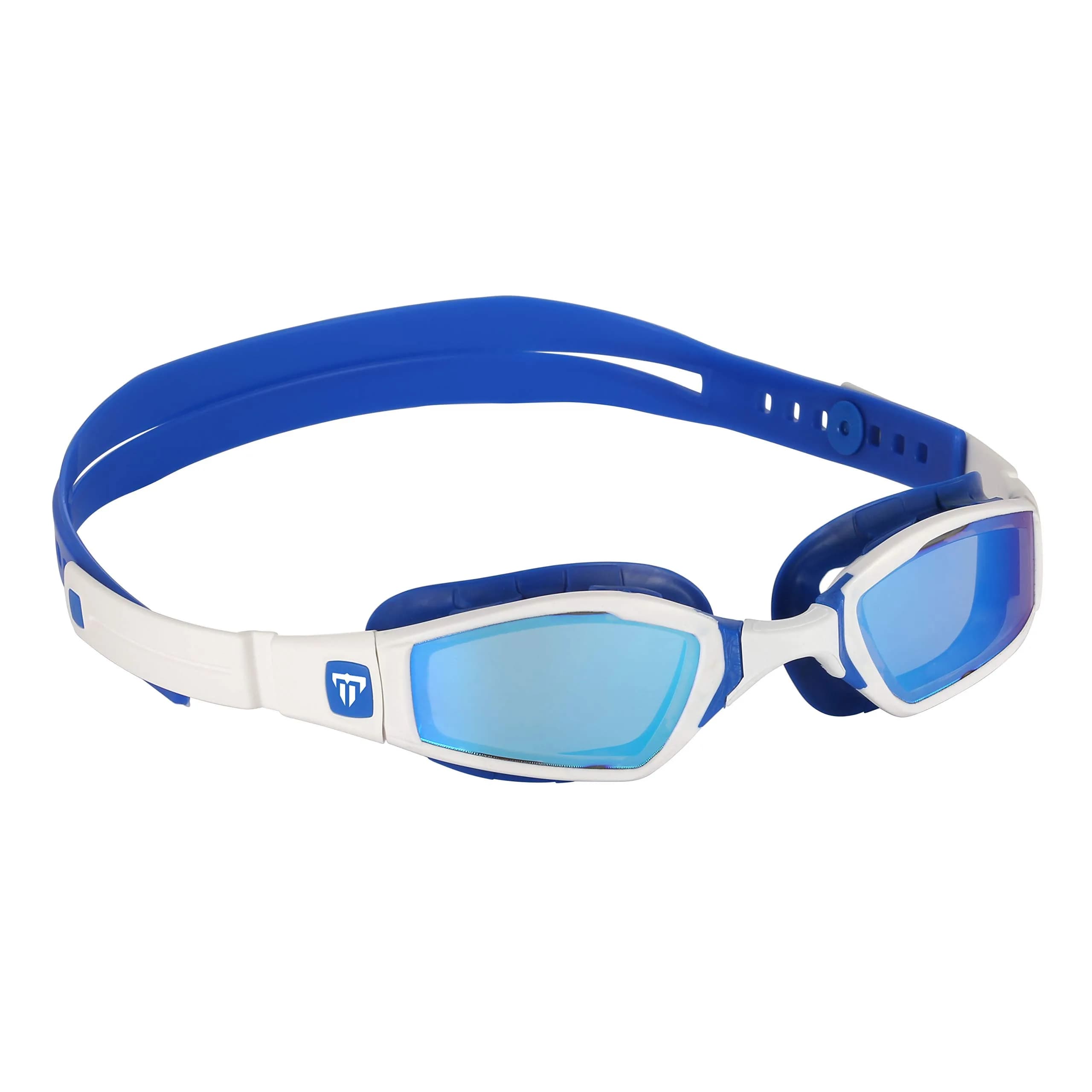 Phelps Ninja Competitive Swim Goggles Blue Titanium Mirror Lens, White & Blue Frame | 100% UVA/UVB Protection — Blue Titanium, White/Blue