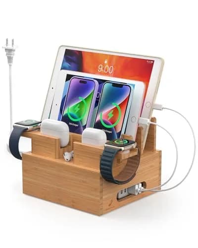 Pezin & Hulin Bamboo Charging Station with 5-Port USB Charger & 5 Cables | Organizes Up to 7 Devices thumbnail 1