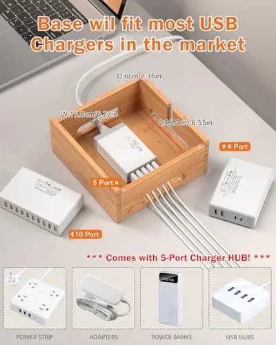 Pezin & Hulin Bamboo Charging Station with 5-Port USB Charger & 5 Cables | Organizes Up to 7 Devices thumbnail 6