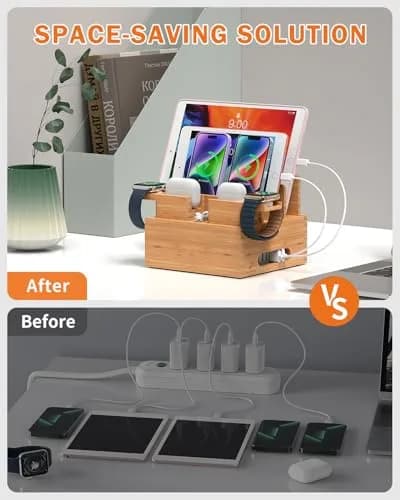Pezin & Hulin Bamboo Charging Station with 5-Port USB Charger & 5 Cables | Organizes Up to 7 Devices thumbnail 7